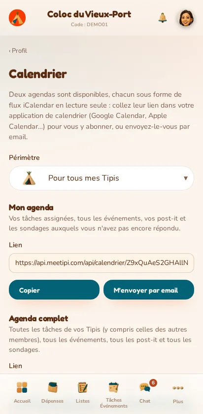 Screenshot of the MeeTiPi app: How do I see my chores in my calendar (Google, Apple…)?