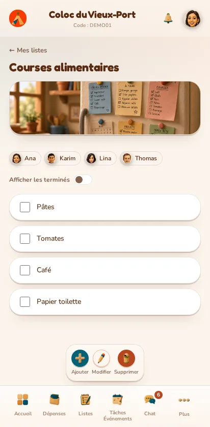 Screenshot of the MeeTiPi app: How do I add and check off items?