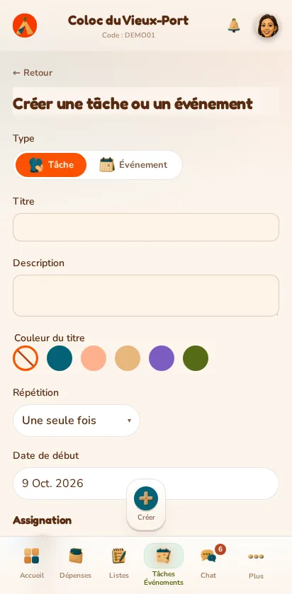 Screenshot of the MeeTiPi app: How do I create a chore or an event?