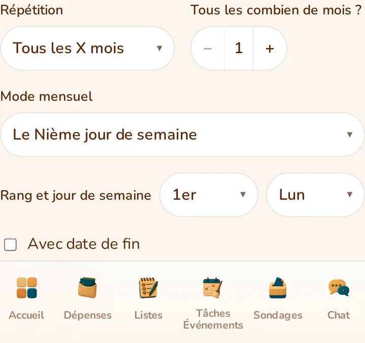 Screenshot of the MeeTiPi app: How do I make a chore repeat?