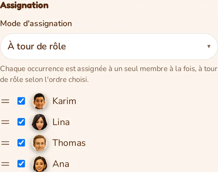 Screenshot of the MeeTiPi app: How do I assign a chore, or rotate it between members?