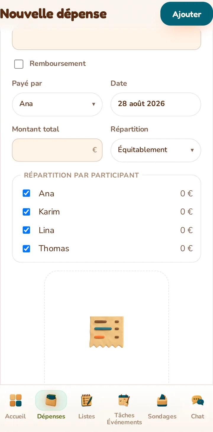 Screenshot of the MeeTiPi app: How do I add an expense?