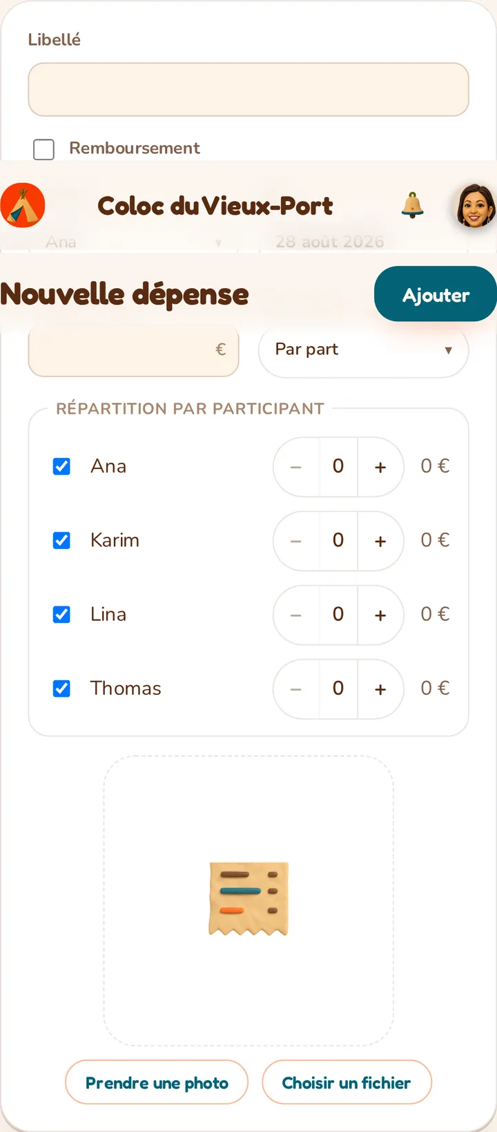 Screenshot of the MeeTiPi app: How do I split an expense between members?