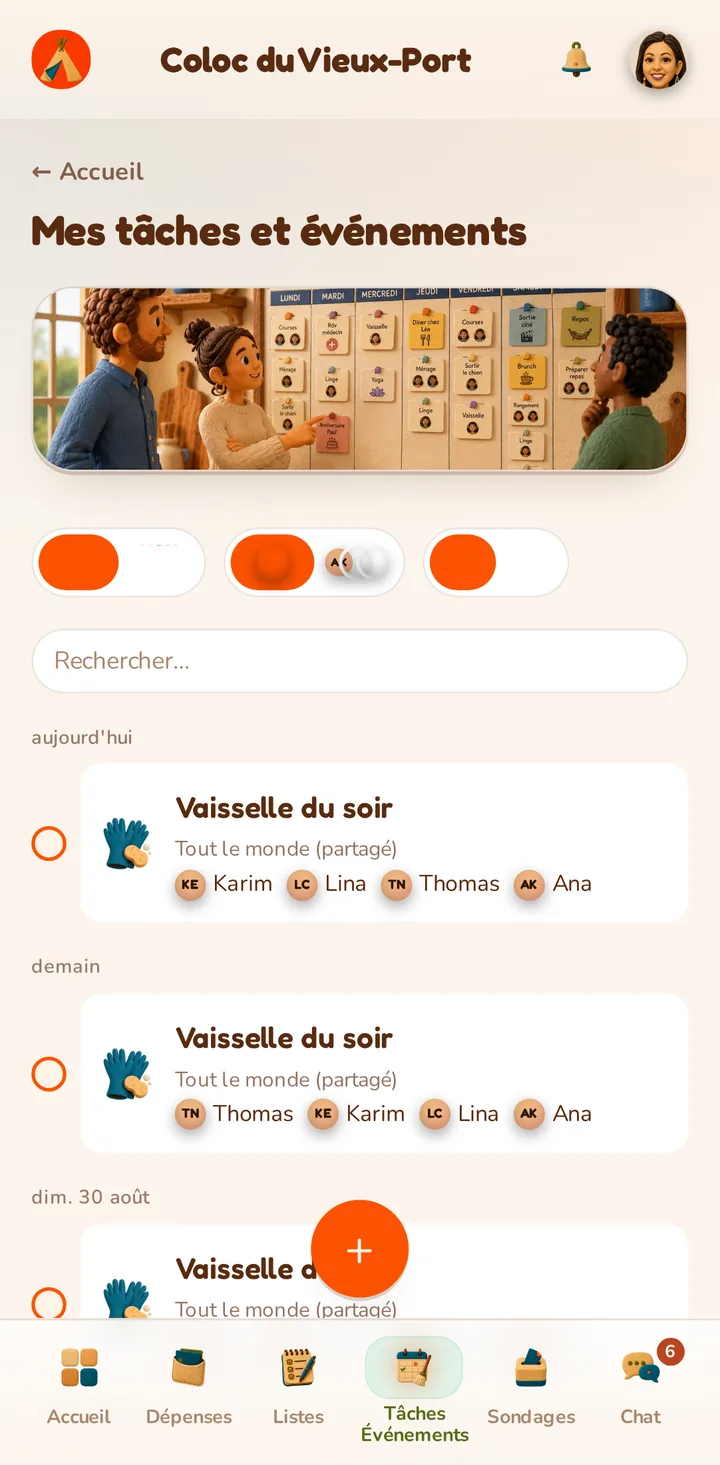 Bildschirmfoto der MeeTiPi-App: Aufgaben & Termine